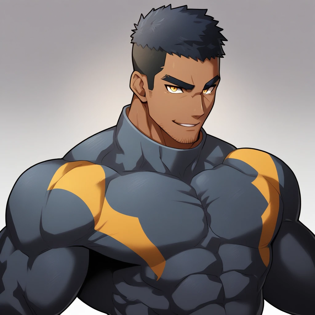 anime characters：Gyee, Muscle Sports Student, negro black skin, 1 dark skin muscular tough guy, Manliness, male focus, Dark grey high collar long sleeve wetsuit, Matte texture, Very tight, Round, full and perky chest muscles, Slightly transparent, muscular male, muscular, only, Upper body, alone, Black short hair, Thick eyebrows, stubble, Yellow eyes, Grey background, simple background, amazing quality, best aesthetics, Ridiculous, bright pupils, crew cut, parted lips, seductive smile, torogao, naughty face,  best quality