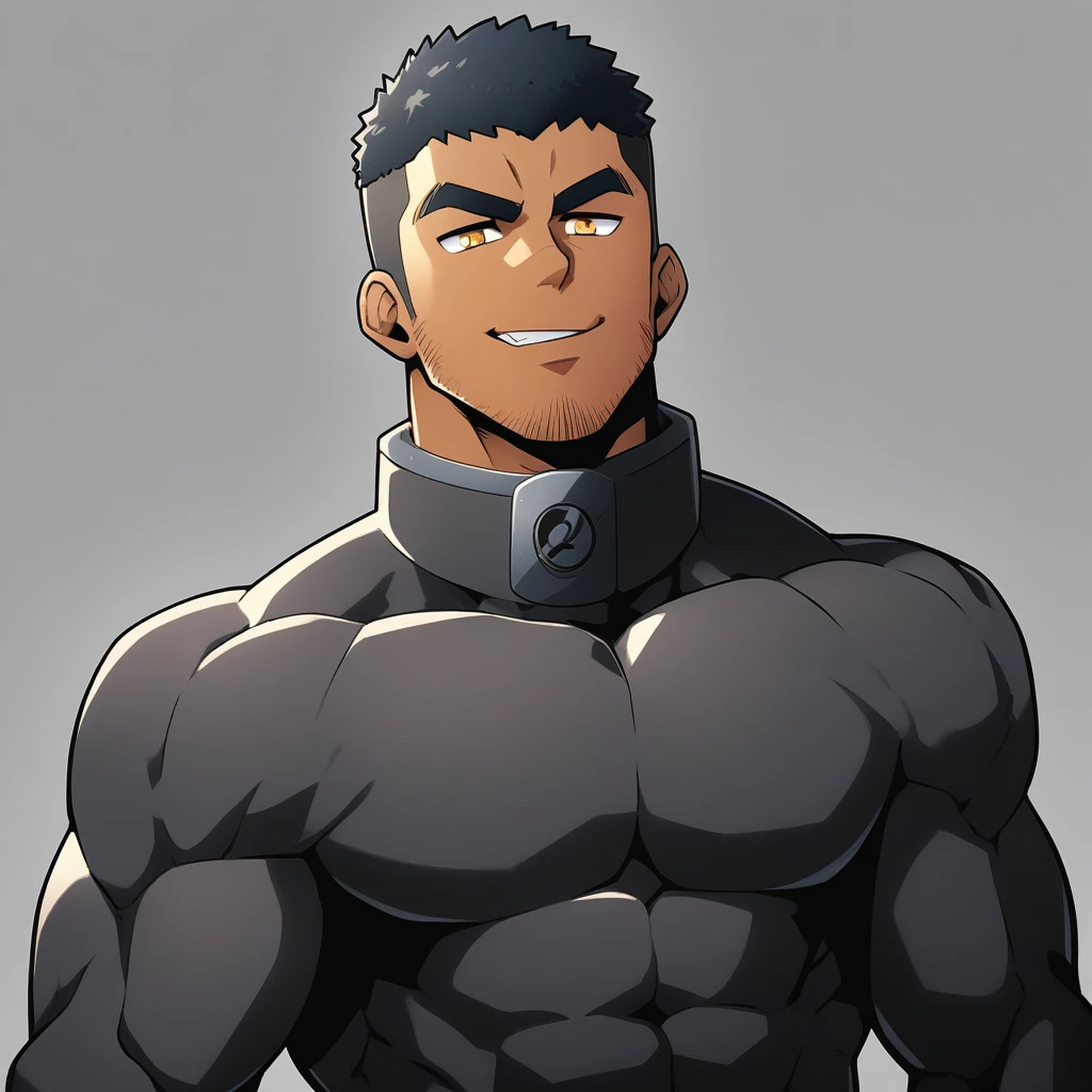 anime characters:Gyee, Muscle Sports Student, negro black skin, 1 dark skin muscular tough guy, Manliness, male focus, Dark grey high collar long sleeve wetsuit, Matte texture, Very tight, Round, full and perky chest muscles, Slightly transparent, muscular male, muscular, only, Upper body, alone, Black short hair, Thick eyebrows, stubble, Yellow eyes, Grey background, simple background, amazing quality, best aesthetics, Ridiculous, bright pupils, crew cut, parted lips, seductive smile, torogao, naughty face, best quality