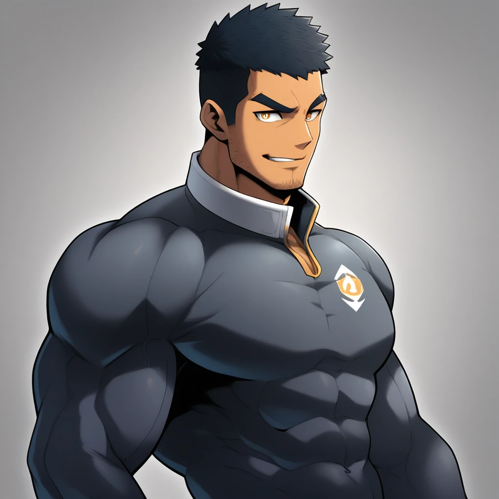 anime characters:Gyee, Muscle Sports Student, negro black skin, 1 dark skin muscular tough guy, Manliness, male focus, Dark grey high collar long sleeve wetsuit, Matte texture, Very tight, Round, full and perky chest muscles, Slightly transparent, muscular male, muscular, only, Upper body, alone, Black short hair, Thick eyebrows, stubble, Yellow eyes, Grey background, simple background, amazing quality, best aesthetics, Ridiculous, bright pupils, crew cut, parted lips, seductive smile, torogao, naughty face, best quality