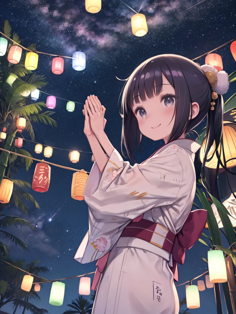 One Girl、Tanabata Festival、Bambooの葉、Bamboo、bamboo、milky way、Milky Way、Looking up at the sky、Praying with hands together、Smiling、Angle from below、Black Hair、long hair、yukata、kimono、kimono、Tanabata decoration、Strip、Angle from behind、
