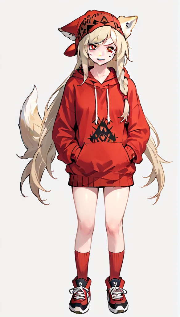 score_9, score_8_up, (clear simple background, white background, papyrus background), ((adult))
(girl:1.2), _young, lagre_breasts , smug face, Serious face expression, whore_makeup, tribal makeup, solo, (blond hair, red hoody, , female), (wearing wolf hide, grey colored wolf skin, wolf head cap:1.2), (fullbody, tattoos, curvey bode, cute face, focus), beautiful,