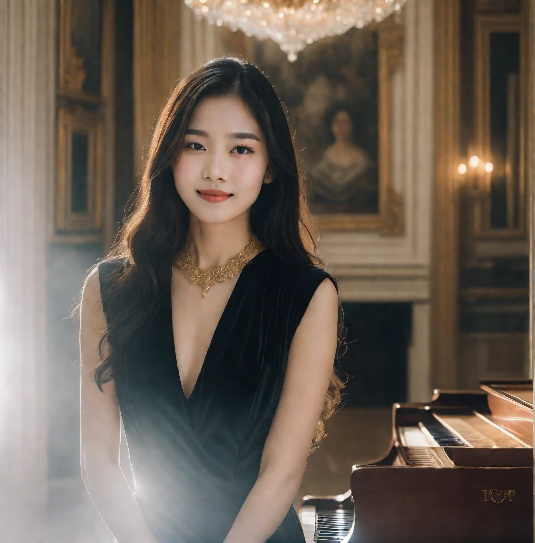 a woman soft smile standing in front of a grand piano in a room, black_skirt, aesthetic portrait, (RAW Photo, Best Quality), (Realistic, Photo Realistic: 1.3), Best Quality, Highly Detailed, Masterpiece, 1 Girl, upper_body, black_long_hair, (black dress) ,[soft smile], Best Quality, golden_hour_light
