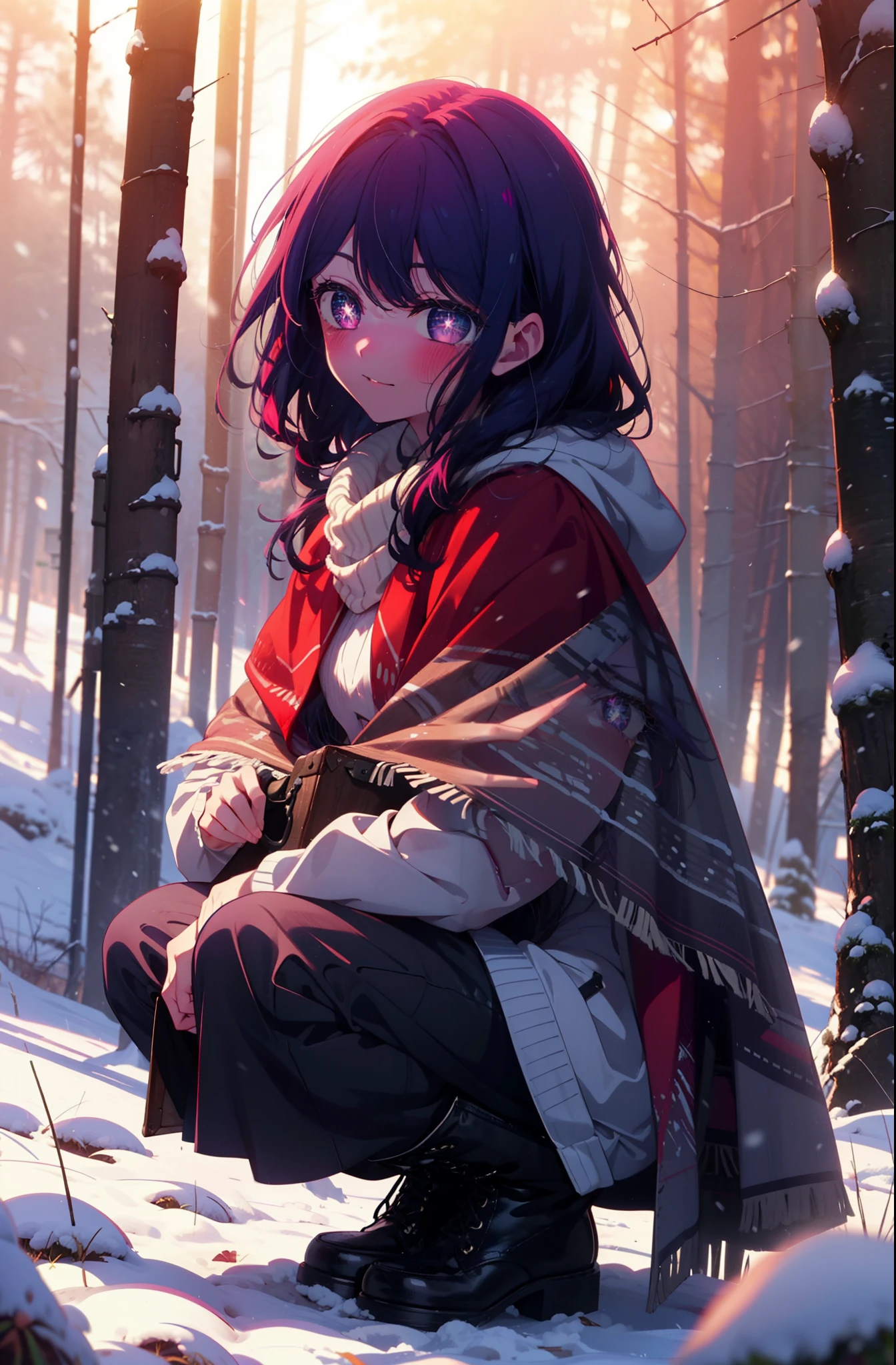 aihoshino, Ai Hoshino, Long Hair, bangs, (Purple eyes:1.1), Purple Hair, (Symbol-shaped pupil:1.5), smile,,smile,blush,White Breath,
Open your mouth,snow,Ground bonfire, Outdoor, boots, snowing, From the side, wood, suitcase, Cape, Blurred, , forest, White handbag, nature, Squat, Mouth closed, Cape, winter, Written boundary depth, Black shoes, red Cape break looking at viewer, Upper Body, whole body, break Outdoor, forest, nature, break (masterpiece:1.2), Highest quality, High resolution, unity 8k wallpaper, (shape:0.8), (Beautiful and beautiful eyes:1.6), Highly detailed face, Perfect lighting, Highly detailed CG, (Perfect hands, Perfect Anatomy),
