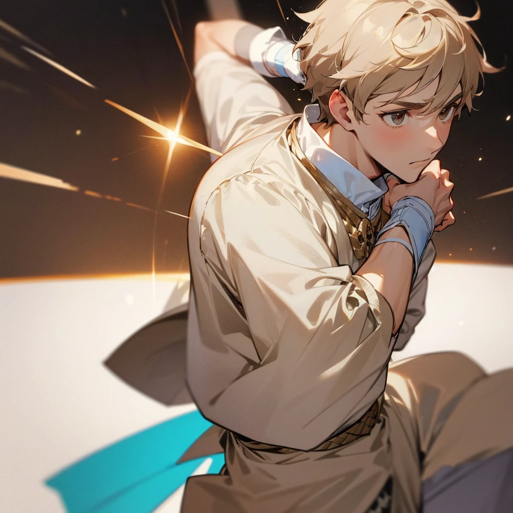 White aristocratic clothing, light brown short hair, boxing, young man