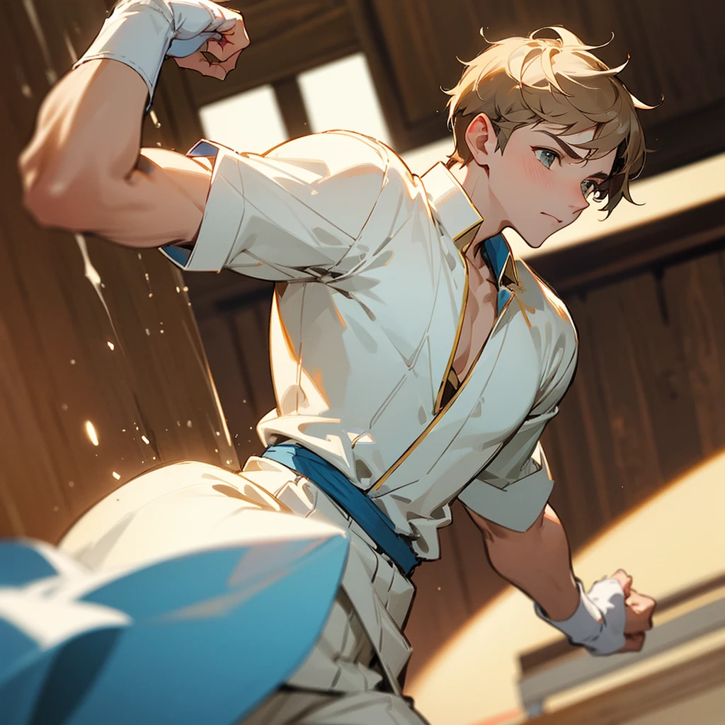 White aristocratic clothing, light brown short hair, boxing, young man