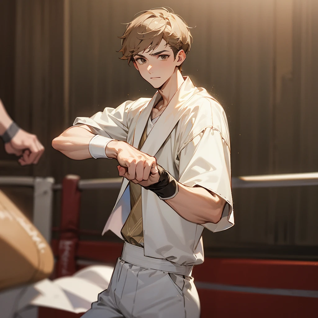 White aristocratic clothing, light brown short hair, boxing, young man