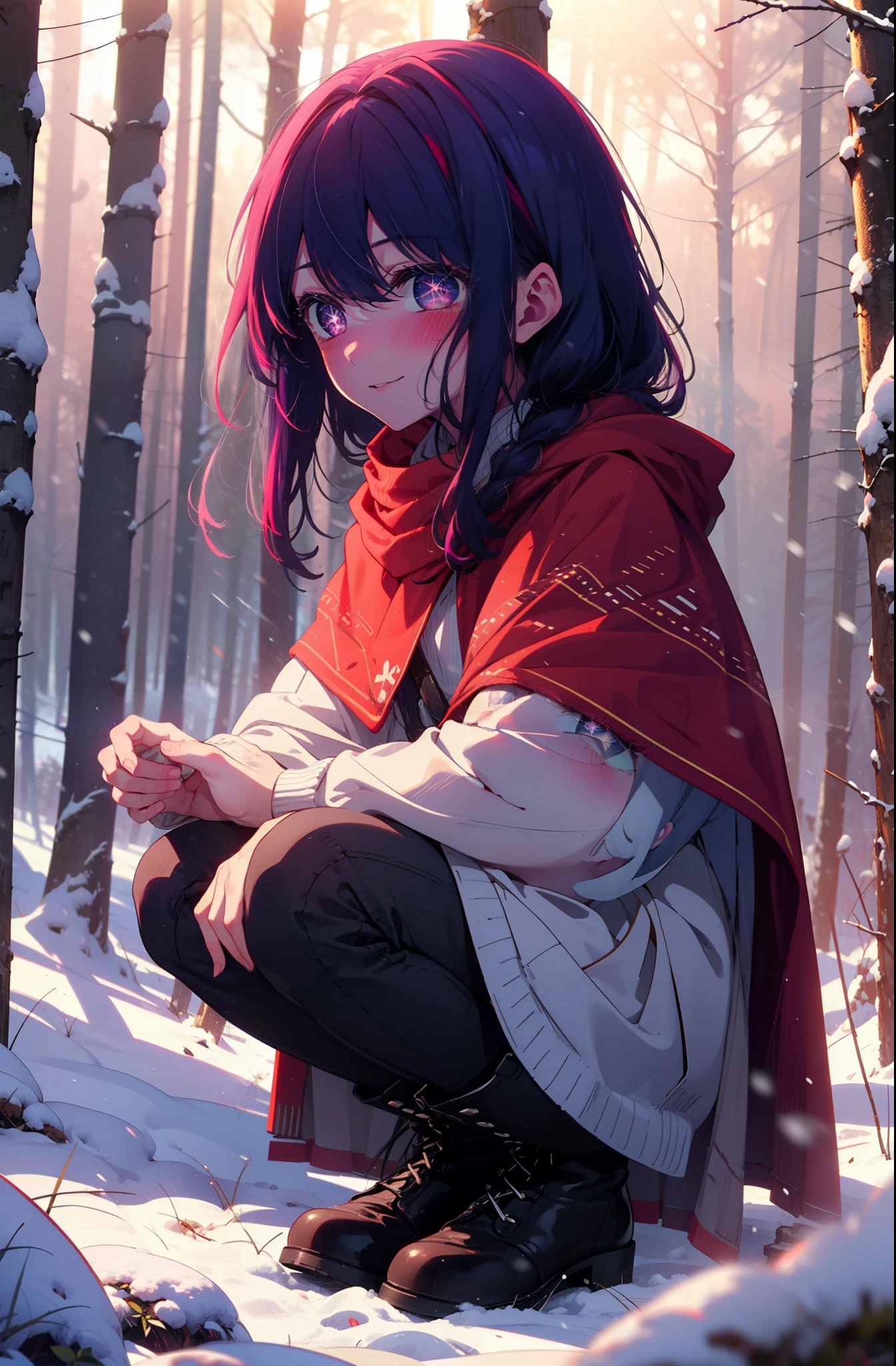 aihoshino, Ai Hoshino, Long Hair, bangs, (Purple eyes:1.1), Purple Hair, (Symbol-shaped pupil:1.5), smile,,smile,blush,White Breath,
Open your mouth,snow,Ground bonfire, Outdoor, boots, snowing, From the side, wood, suitcase, Cape, Blurred, , forest, White handbag, nature, Squat, Mouth closed, Cape, winter, Written boundary depth, Black shoes, red Cape break looking at viewer, Upper Body, whole body, break Outdoor, forest, nature, break (masterpiece:1.2), Highest quality, High resolution, unity 8k wallpaper, (shape:0.8), (Beautiful and beautiful eyes:1.6), Highly detailed face, Perfect lighting, Highly detailed CG, (Perfect hands, Perfect Anatomy),