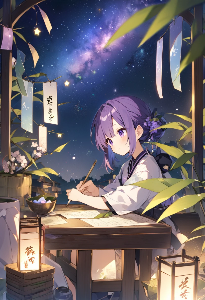 Keito。Purple Eyes。Purple Hair。Imperial Japanese Tanabata, writing wishes on bamboo leaves and decorating them, Milky Way, two stars
