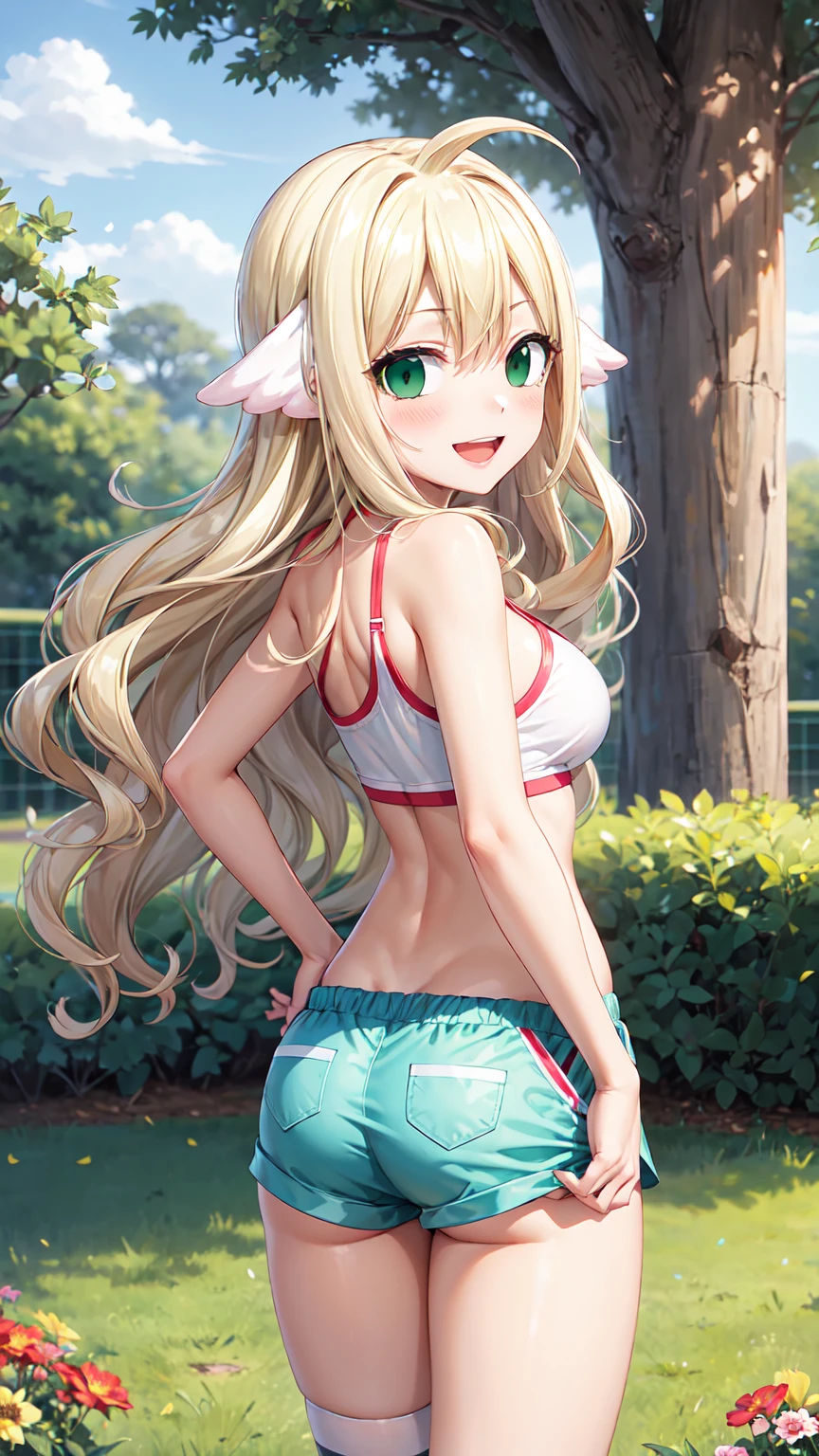 Masterpiece ,best quality , high resolution , (1 girl solo:1.38) , (mavis, long hair, blonde hair, (green eyes:1.5), ahoge, wavy hair) , (cleavage:1.2) , (medium breast:1.28) , (wear baseball hat , belly , navel , sport top , sport short , stockings ) , (cleavage:1.15) , (big breast:1.1) , (face view , look at view , from behind , from back , head back , looking back) , (outdoot , in park , tree , grass , flower) , (standing , thighs ) , ( smile , open mouth , full face blush , shy )