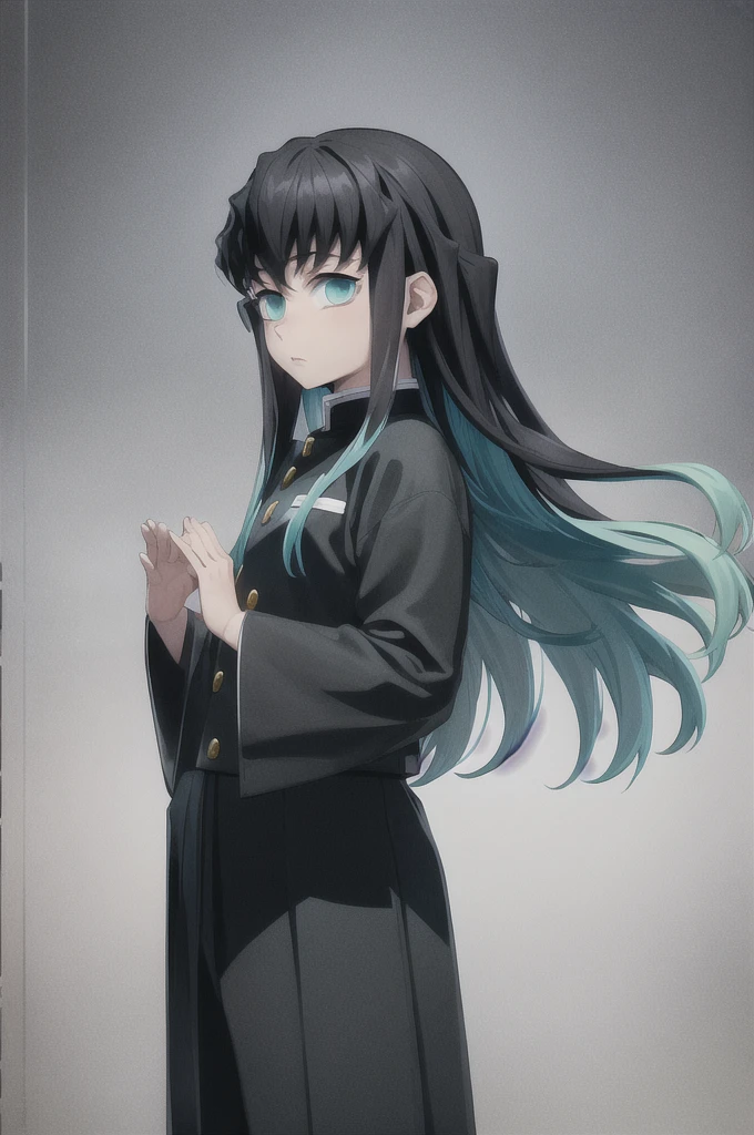 masterpiece, best quality, 1boy, muichiro,long hair, black hair, aqua hair, bangs,  multicolored hair, sidelocks, long sleeves, aqua eyes, demon slayer uniform, pants, standing, looking at viewer, hands down, idle