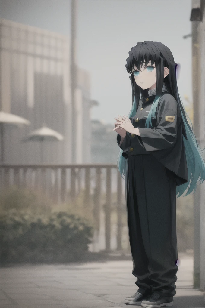 masterpiece, best quality, 1boy, muichiro,long hair, black hair, aqua hair, bangs,  multicolored hair, sidelocks, long sleeves, aqua eyes, demon slayer uniform, pants, standing, looking at viewer, hands down, idle
