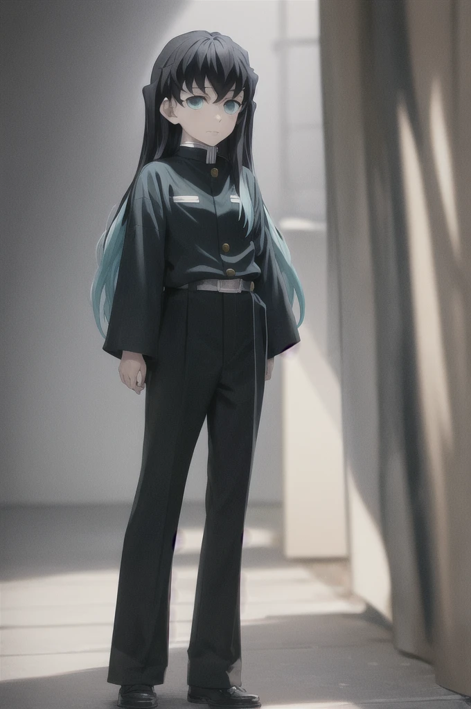 masterpiece, best quality, 1boy, muichiro,long hair, black hair, aqua hair, bangs, multicolored hair, sidelocks, long sleeves, aqua eyes, demon slayer uniform, pants, standing, looking at viewer, hands down, idle
