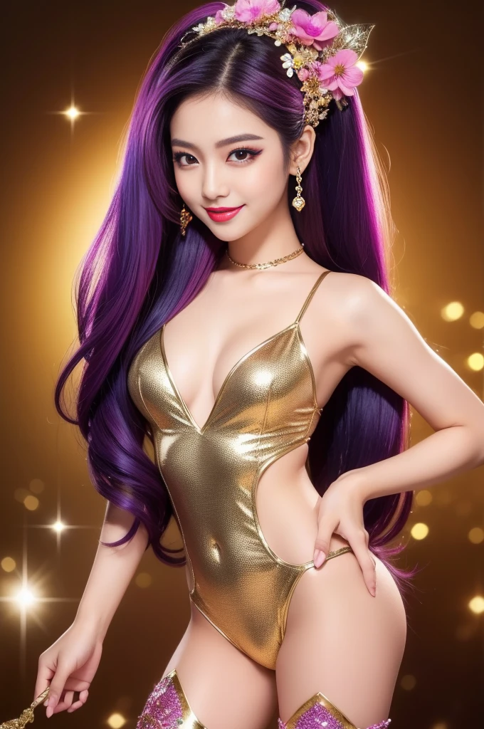 sexy Thai model who controls poison、beautiful smile、lip-gloss、bold lipstick、long lashes, metallic makeup、look at the camera、full body Esbian、、sparkling poisoned flower costume、、、、sparkling Colorful hair、secrete poison、skull hair accessories、sexy tights、shiny sparkling flowers background