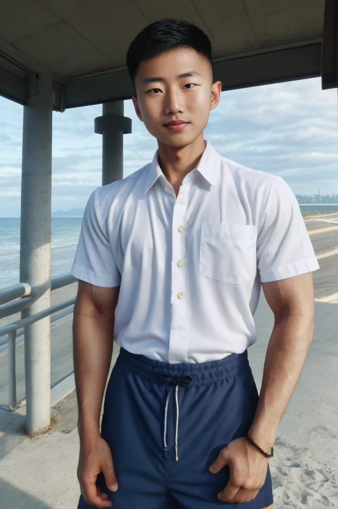 A young Asian man with large muscles looks at the camera. In a white button-down shirt , seaside beach sunlight looking at the airport