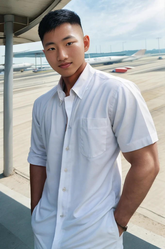 A young Asian man with large muscles looks at the camera. In a white button-down shirt , seaside beach sunlight looking at the airport