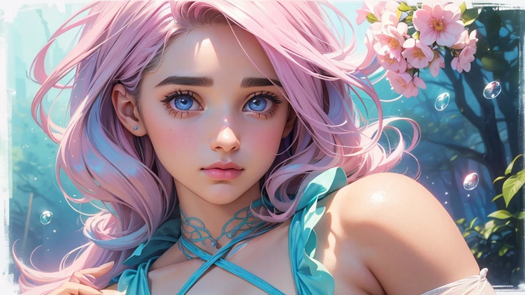 ((masterpiece)). This work is wonderful, dream-like、Fantastic, Soft pink watercolor shades with candy accents. Generate and explore delicate and understated fairies (A colorful bubble gum world in pastel colors). Her sweet face is extremely detailed and realistic with elegant features and a fierce expression, And it becomes ((((Naomi Scott)))). Mature characteristics and stunning, Extremely realistic eyes. Her eyes are important、Be realistic, Very detailed, And it&#39;s beautiful. High resolution and detail, Include many details like stars, Milky Way, Colorful bubbles, Colorful petals, And a lot of energy and emotion! Stars and colorful bubblegum bubbles are important! Include fantasy details, Enhanced Details, iris, Colorful sparkling wind, And pollen. Pay special attention to her face、Make sure it&#39;s beautiful and realistic in detail。. The image should be dream-like、Fantastic.8K, Complex, elegant, Very detailed, Majestic, Digital photography