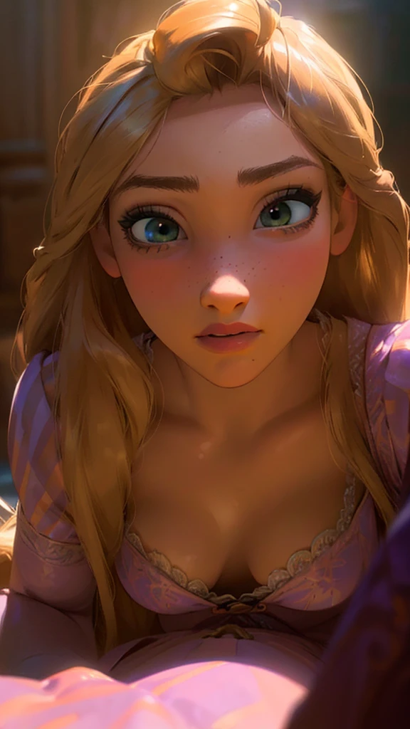 (Rapunzel, 1girl, long flowing golden hair, beautiful detailed eyes,beautiful detailed lips,extremely detailed eyes and face,longeyelashes, sexy half nude outfit, full body, oiled, horny, (best quality,4k,8k,highres,masterpiece:1.2),ultra-detailed,(realistic,photorealistic,photo-realistic:1.37),digital painting, cinematic lighting, dramatic shadows, volumetric lighting, highly detailed, intricate details, vibrant colors, chiaroscuro)