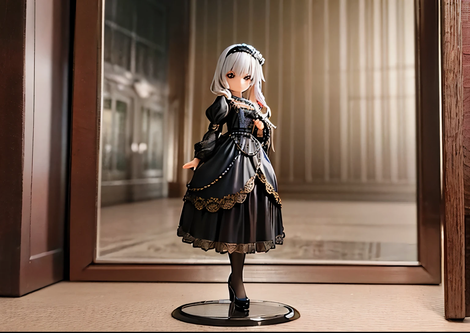 Miniature of a figure of early 20's Russian girl with aschgray colored hair, head to toe full body,inside a parfum glass sphere, photo studio, The face is precise((must))