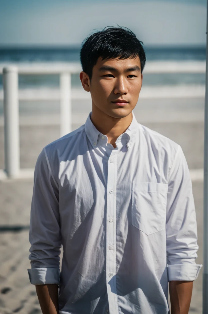 young asian man looking at camera In a white button-down shirt , seaside beach sunlight looking at the football field