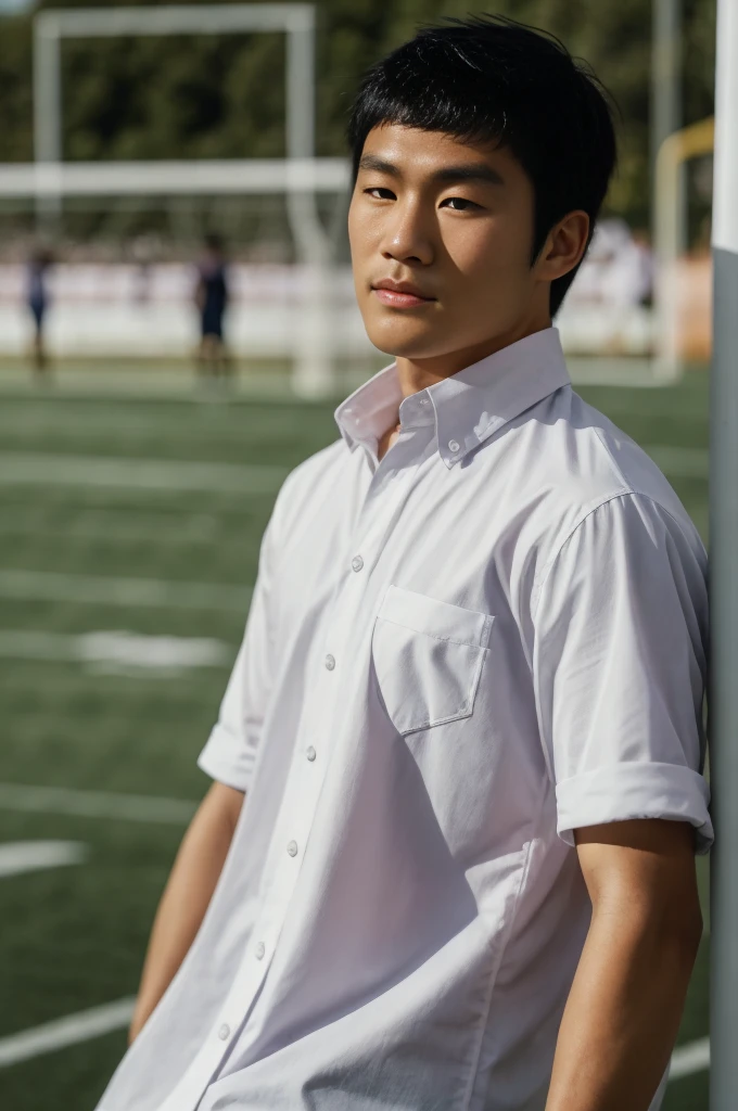 young asian man looking at camera In a white button-down shirt , Fieldside, beach, sunlight, looking at the football field