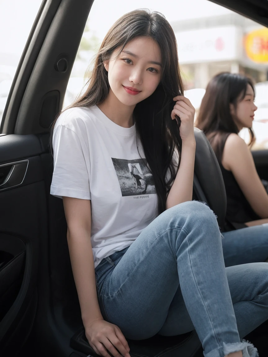 Realistic,score_9, score_8_Excellent, score_7_Excellent, break, 1人of女性(40s:1.2),alone,Tie long hair to the side,From before,Face Focus,(View your viewers:1.2),A kind smile(Laugh with your mouth closed:1.2),Full body portrait(Medium:1.2),(bright,Polaroid,(depth_of_Field:1.5),晴れof日,Outdoor,street,目of間of毛,Moody lighting,Lens flare,Available Light,Rim Light,Shining neon lights,Curvy,Tshirt(Korean traditional pattern Chachangsegori(car window segolli) PrintTshirtレディースリラックスTshirtBella + Canvas 6400,https://ayaaleumdaun.base.shop/items/88266422 (Heather Mauve:1.2),Blue Jeans,日本of女性
