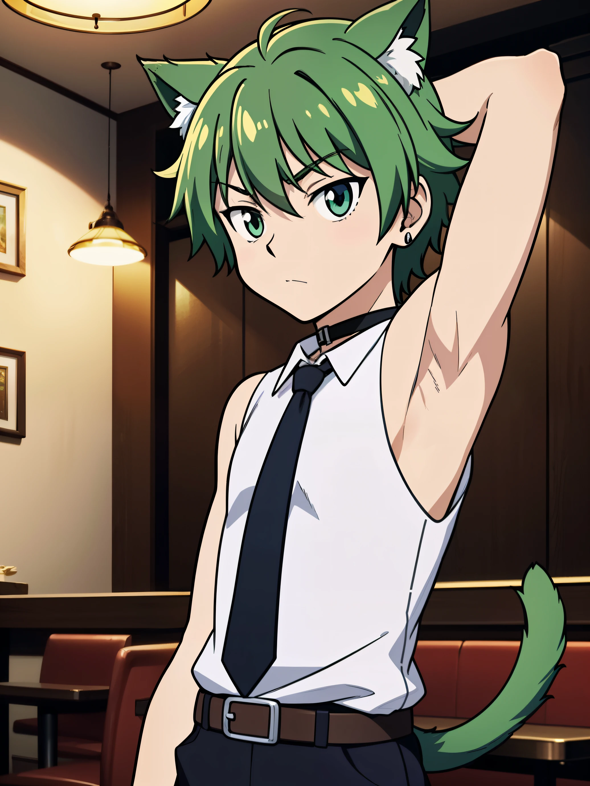 Highres, Masterpiece, Best quality at best,Best Quality,hight quality, hight detailed, Anime style, Anime shota character, (****** boys), (Showing armpit:1.3), Green hair, Straight hair, Sleeveless vest, waiter, Tie, cafe, Earring, Bare shoulder, elbow covered, Slim body, choker, Cat ear, cat tail, upper body, belt, Blurry beckground, (very thin body), (********** boy), (very small and short body), uhd