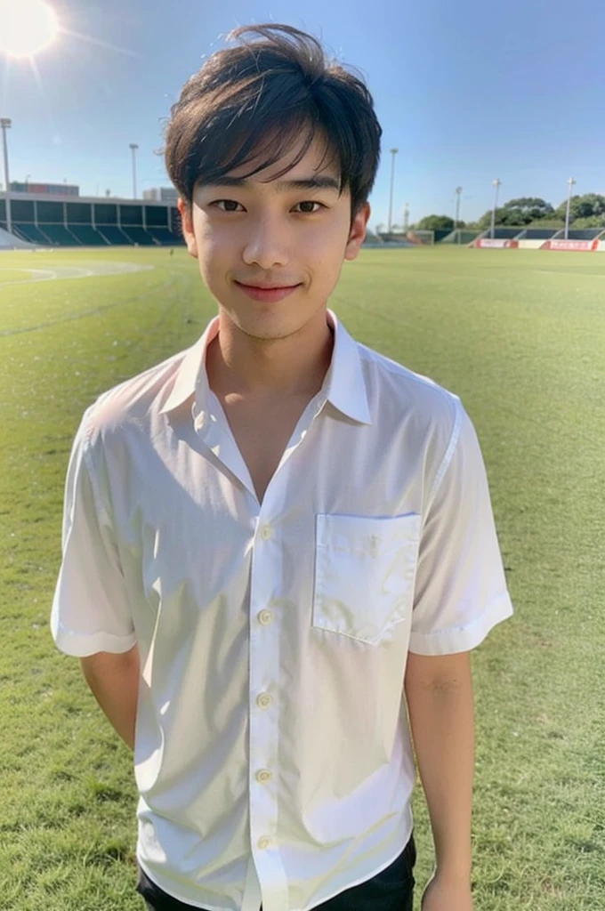 young asian man looking at camera In a white button-down shirt , Fieldside, beach, sunlight, looking at the football field