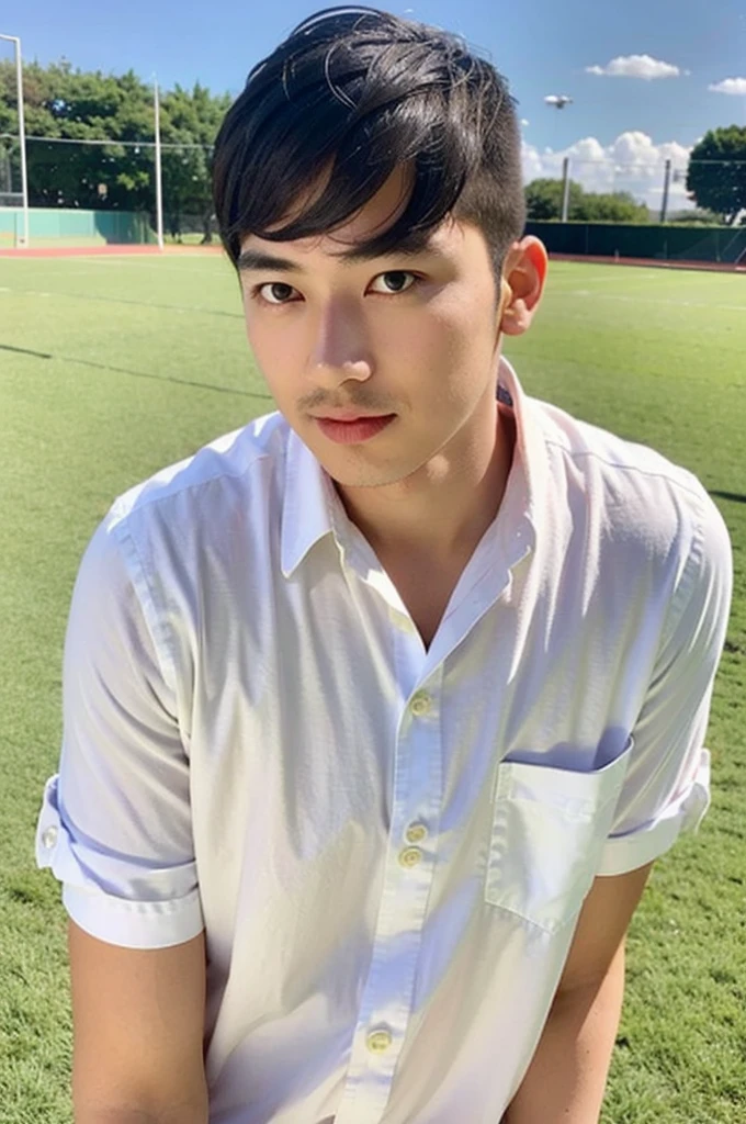 young asian man looking at camera In a white button-down shirt , Fieldside, beach, sunlight, looking at the football field