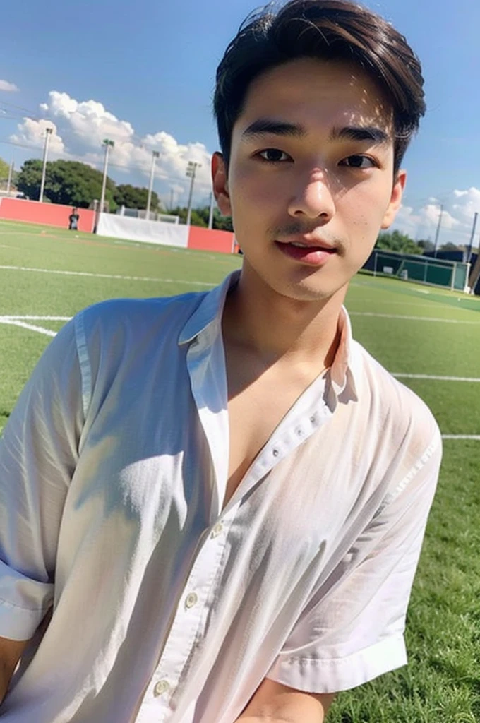 young asian man looking at camera In a white button-down shirt , Fieldside, beach, sunlight, looking at the football field