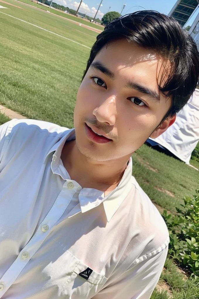 young asian man looking at camera In a white button-down shirt , Fieldside, beach, sunlight, looking at the football field