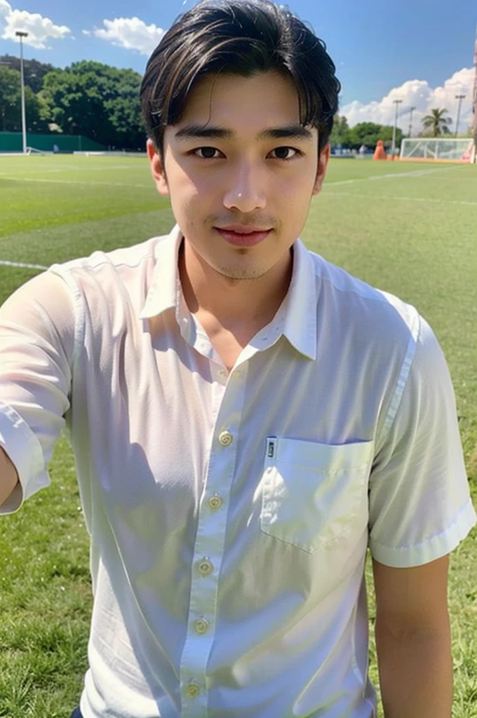 young asian man looking at camera In a white button-down shirt , Fieldside, beach, sunlight, looking at the football field