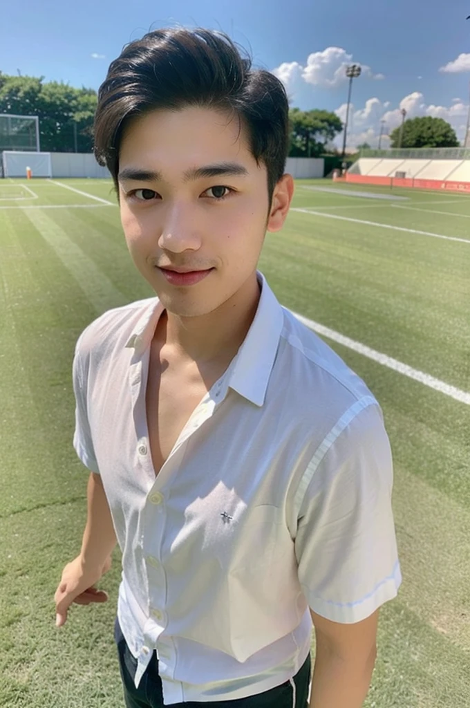 young asian man looking at camera In a white button-down shirt , Fieldside, beach, sunlight, looking at the football field
