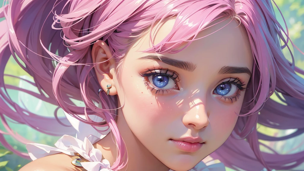 ((masterpiece)). This work is wonderful, dream-like、Fantastic, Soft pink watercolor shades with candy accents. Generate and explore delicate and understated fairies (A colorful bubble gum world in pastel colors). Her sweet face is extremely detailed and realistic with elegant features and a fierce expression, And it becomes ((((Naomi Scott)))). Mature characteristics and stunning, Extremely realistic eyes. Her eyes are important、Be realistic, Very detailed, And it's beautiful. High resolution and detail, Include many details like stars, Milky Way, Colorful bubbles, Colorful petals, And a lot of energy and emotion! Stars and colorful bubblegum bubbles are important! Include fantasy details, Enhanced Details, iris, Colorful sparkling wind, And pollen. Pay special attention to her face、Make sure it's beautiful and realistic in detail。. The image should be dream-like、Fantastic.8K, Complex, elegant, Very detailed, Majestic, Digital photography