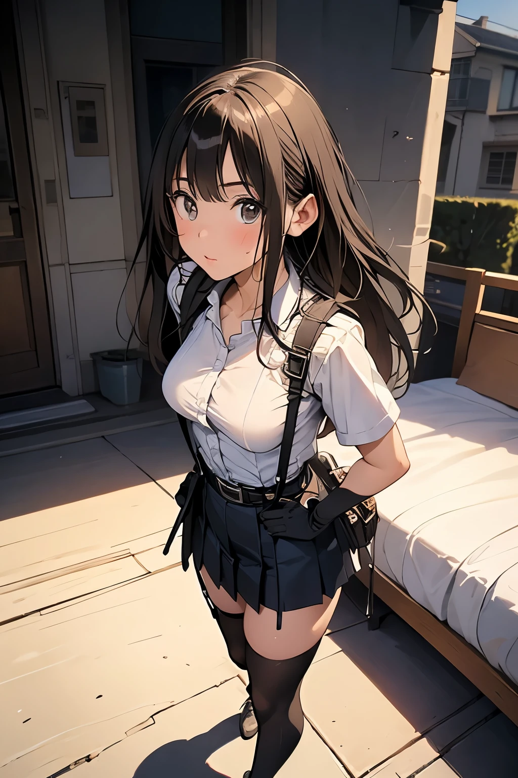 high quality, masterpiece, Ultra-high resolution, (realism: 1.4), Oil painting style, Cinema Lighting, , I stood on the empty asphalt road and looked at it., And the suspenders with the cranes flying Large Breasts Small face holster Lying in bed Looking up Sweat belt summer 脇Sweat Black Hole Gloves suit mini skirt garterbelt Leg Links ズボンにbelt holster Hands behind your back Anxious expression Looking up Anxious face Knee-high Knee socks Knee-highソックス garterbelt garter ふとももにgarterbelt