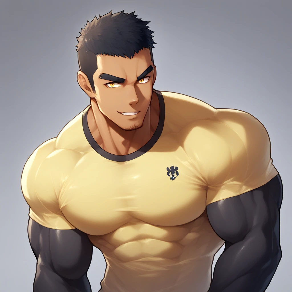 anime characters:Gyee, Muscle Sports Student, negro black skin, 1 dark skin muscular tough guy, Manliness, male focus, Light yellow high collar long sleeve tight T-shirt, Slightly transparent material, Very tight, Round, full and perky chest muscles, Slightly transparent, muscular male, muscular, only, Upper body, alone, Black short hair, Thick eyebrows, stubble, Yellow eyes, Grey background, simple background, amazing quality, best aesthetics, Ridiculous, bright pupils, crew cut, parted lips, seductive smile, torogao, naughty face, drop shadow, best quality