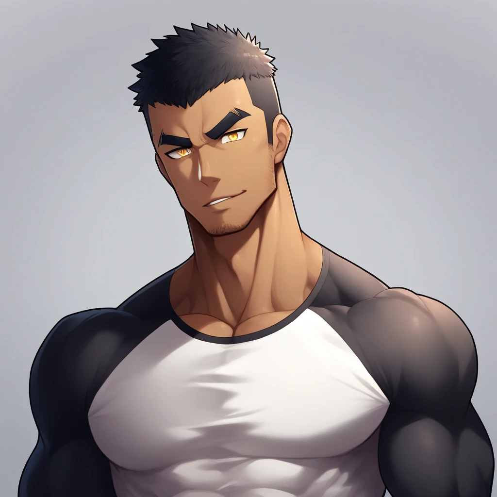 anime characters:Gyee, Muscle Sports Student, negro black skin, 1 dark skin muscular tough guy, Manliness, male focus, Light yellow high collar long sleeve tight T-shirt, Slightly transparent material, Very tight, Round, full and perky chest muscles, Slightly transparent, muscular male, muscular, only, Upper body, alone, Black short hair, Thick eyebrows, stubble, Yellow eyes, Grey background, simple background, amazing quality, best aesthetics, Ridiculous, bright pupils, crew cut, parted lips, seductive smile, torogao, naughty face, drop shadow, best quality