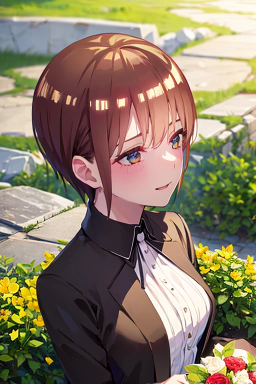 (masterpiece, Highest quality, detailed), One Girl, alone, Asymmetrical Short Hair,Brown Hair, Brown eyes, Black Wedding Dress, Long dress, Outdoor, Day, Chapel, blue sky, smile, Open your mouth,Watery eye,marriage,front,Hold the bouquet with both hands,Please put a black veil on your head.,Black wedding dress,Please shed a tear,