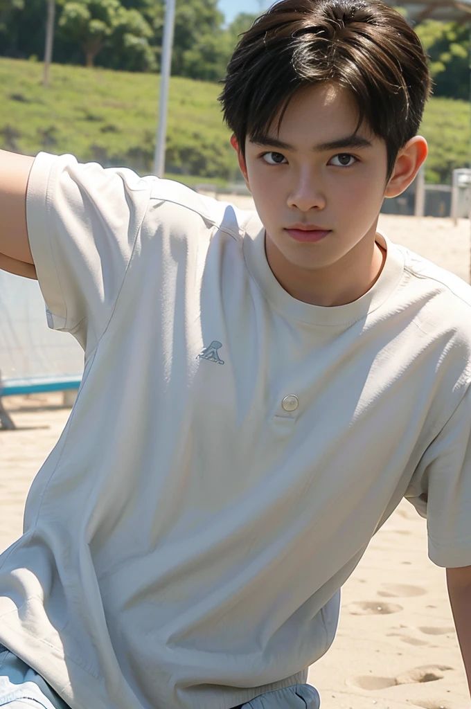 young asian man looking at camera In a white button-down shirt , Fieldside, beach, sunlight, looking at the football field