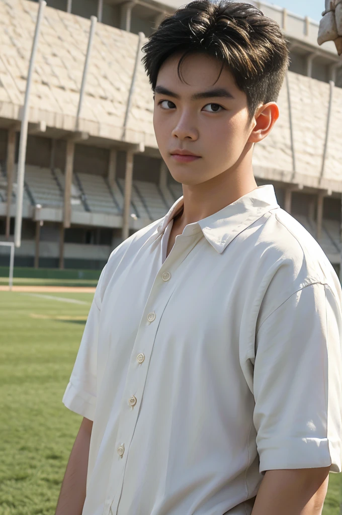 young asian man looking at camera In a white button-down shirt , Fieldside, beach, sunlight, looking at the football field
