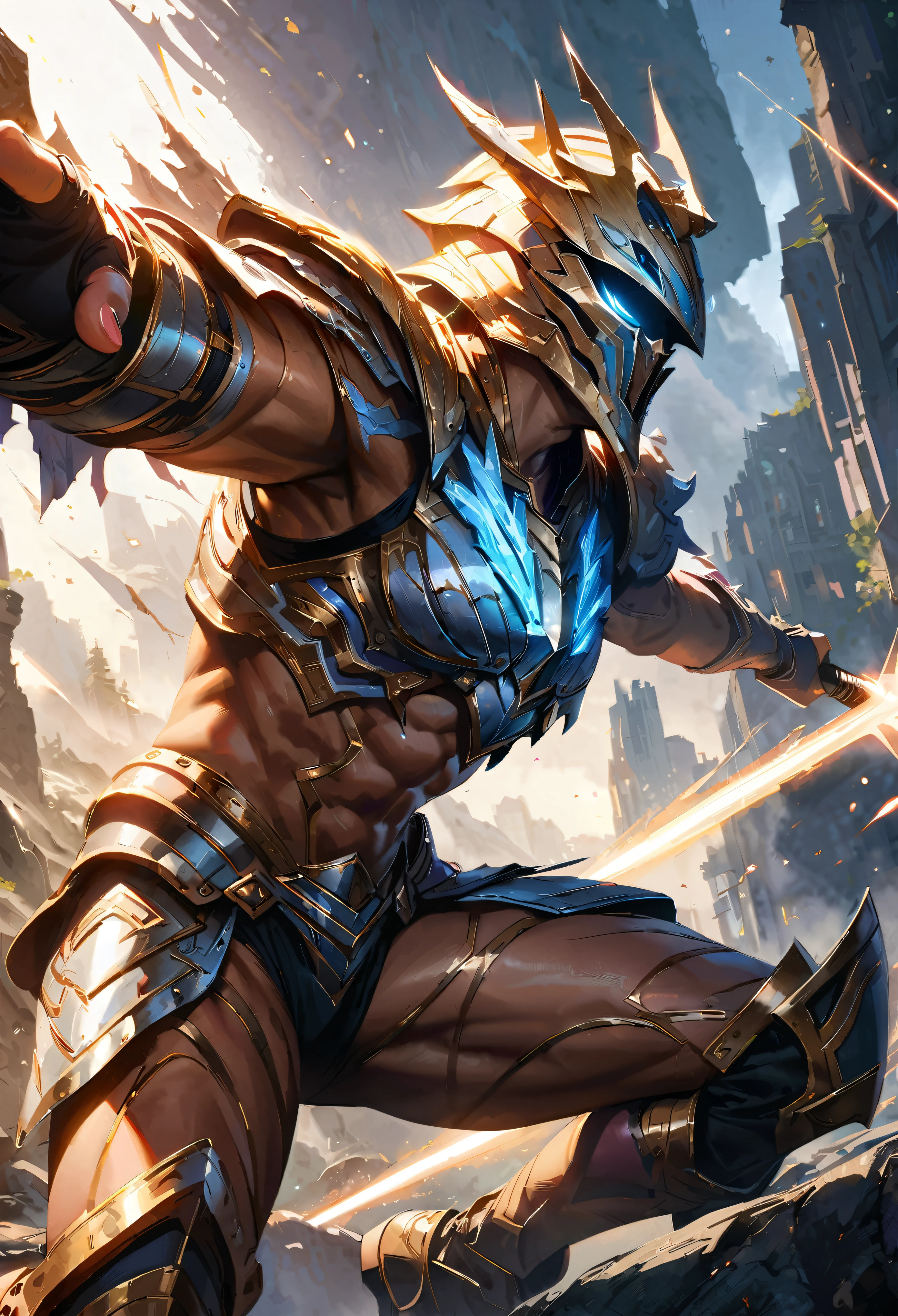 a fantasy warrior with a tiger helmet, shining holy armor, ice elemental, highly detailed, digital painting, cinematic lighting, dramatic pose, ultra-realistic, volumetric lighting, photorealistic, 8k, HDR, intricate details, masterpiece, long javelin, dynamic pose