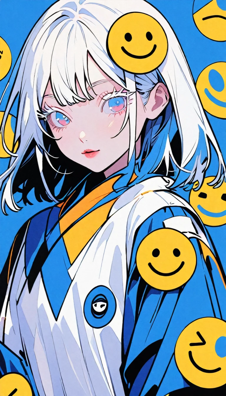 The minimalists，fashion girl，blue background，by address，light eyelashes，bicolor eyes，Clean通透的眼珠，closure，Smiley face flat illustration，geometry，Clean