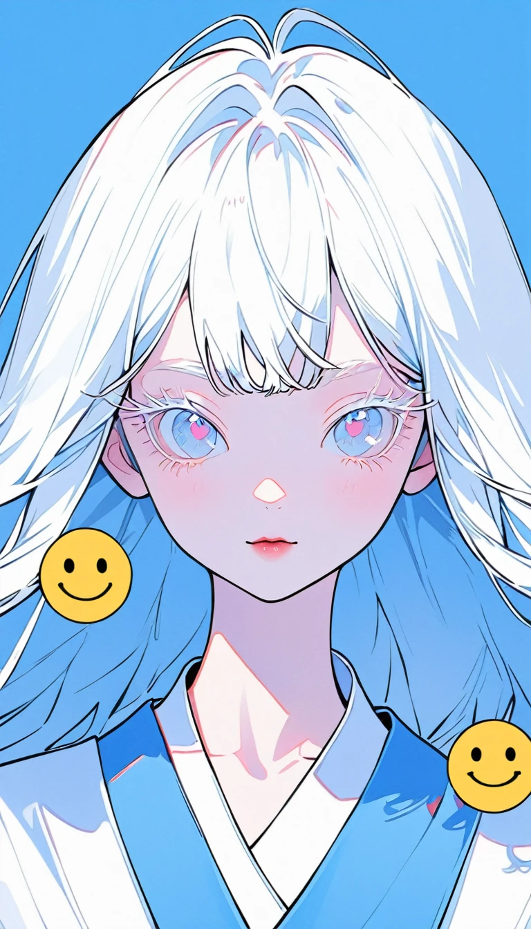 The minimalists，fashion girl，blue background，by address，light eyelashes，bicolor eyes，Clean通透的眼珠，closure，Smiley face flat illustration，geometry，Clean