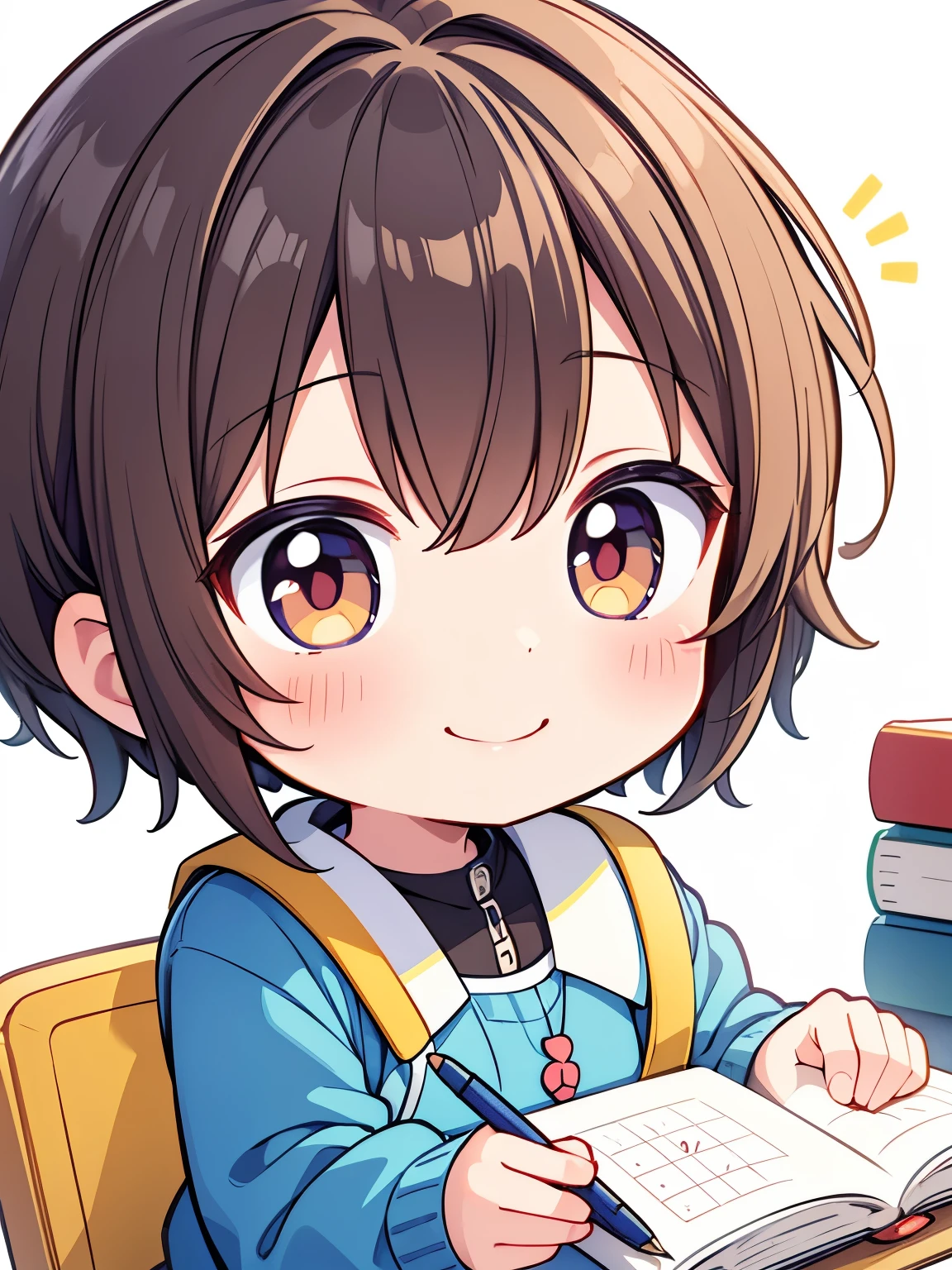 masterpiece, best quality, extremely detailed, anime, , chibi,kindergartener, kindergarten costume, kindergarten, sketchbook, crayon, ((doodle)), smile,