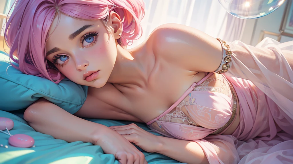 ((masterpiece)). This work is wonderful, dream-like、Fantastic, Soft pink watercolor shades with candy accents. Generate and explore delicate and understated fairies (A colorful bubble gum world in pastel colors). Her sweet face is extremely detailed and realistic with elegant features and a fierce expression, And it becomes ((((Naomi Scott)))). Mature characteristics and stunning, Extremely realistic eyes. Her eyes are important、Be realistic, Very detailed, And it's beautiful. High resolution and detail, Include many details like stars, Milky Way, Colorful bubbles, Colorful petals, And a lot of energy and emotion! Stars and colorful bubblegum bubbles are important! Include fantasy details, Enhanced Details, iris, Colorful sparkling wind, And pollen. Pay special attention to her face、Make sure it's beautiful and realistic in detail。. The image should be dream-like、Fantastic.8K, Complex, elegant, Very detailed, Majestic, Digital photography