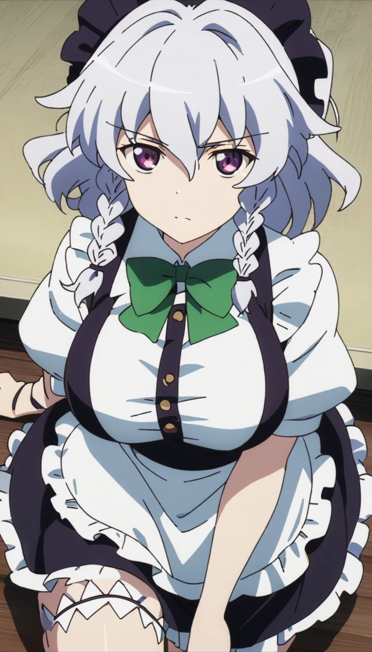 masterpiece, best quality, anime coloring, 1girl, solo, sakuya izayoi, touhou, silver hair, 2 front braids, green bows, purple eyes, white shirt, french maid outfit, leg belts, large breasts, infront of viewer