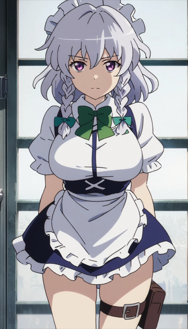 masterpiece, best quality, anime coloring, 1girl, solo, sakuya izayoi, touhou, silver hair, 2 front braids, green bows, purple eyes, white shirt, french maid outfit, leg belts, large breasts, infront of viewer