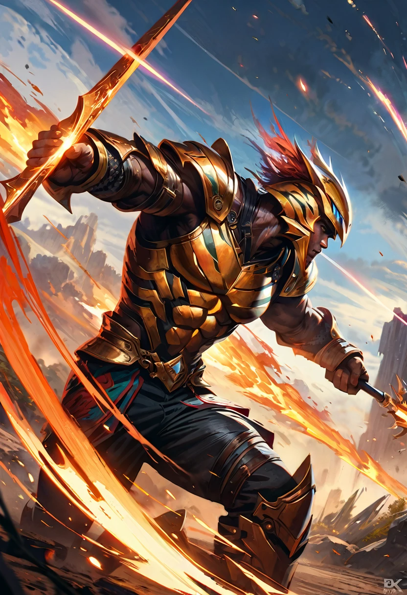 barbariance race, big muscle, a fantasy warrior with a tiger helmet, shining holy armor, ice elemental, highly detailed, digital painting, cinematic lighting, dramatic pose, ultra-realistic, volumetric lighting, photorealistic, 8k, HDR, intricate details, masterpiece, long javelin, dynamic pose