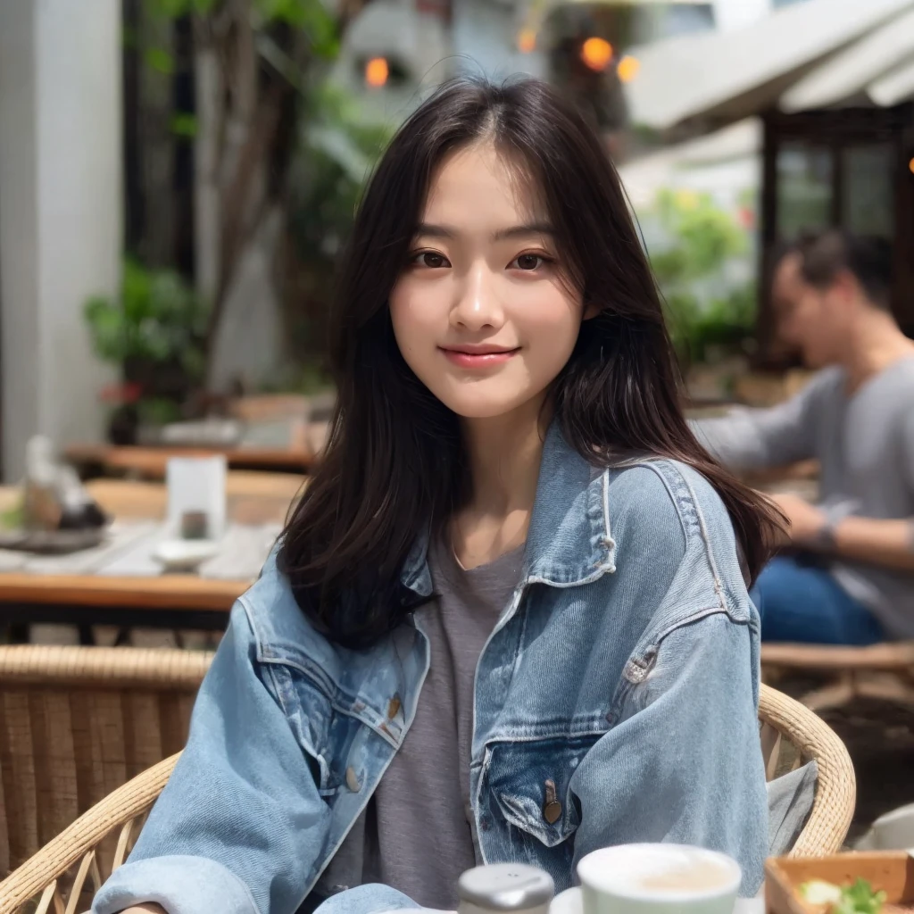 A 20 year old woman wearing casual clothes is sitting in a cafe, a faint smile wearing Vans shoes, home page background, very detailed 8k
