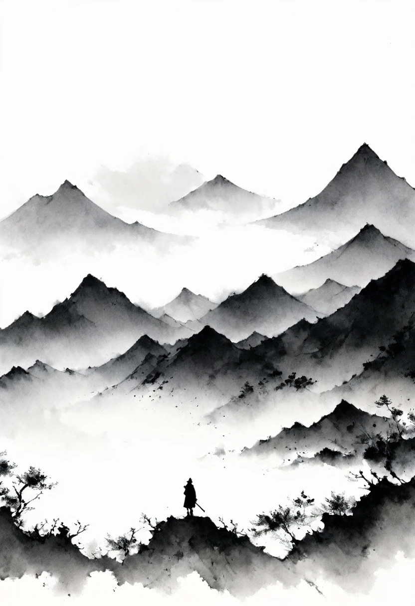 (Lots of white space:1.5),(Lots of white space:1.6), White background, simple, Minimalism, Abstract,Hand Painted,Aesthetic,black and white,Ink Painting,,Mountain,solitary Man
