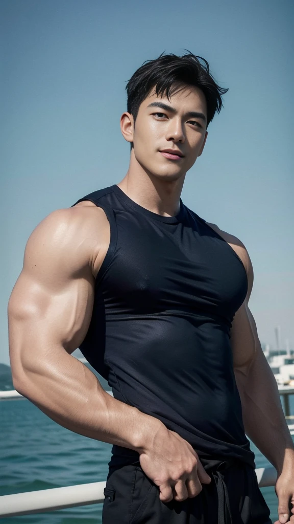 (Create a masterpiece: 1.2),(CGI art:1.3),(realistic:1.5),(After processing:1.3), (Sharp focus:1.3), 1 man, open mouth, smile, (Navy blue round neck shirt), Navy cargo pants, Korean guy , korean men, (High gloss details), chest muscles, large arm muscles, blood vessel, Big muscles, Broad shoulders, looking at the audience, Balancing the eyes, Seaside, beach, sunlight, running towards the camera